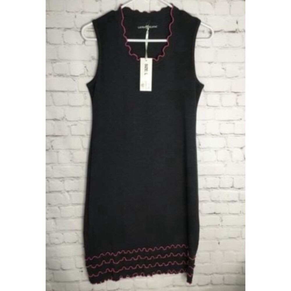 NWT Laura Hlavac Sleeveless Midi Ruffly Shift Dress Women Size L Gray/Black